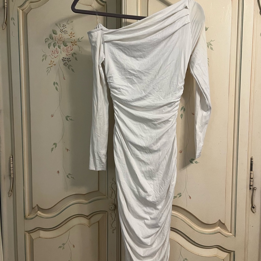 White ruched off shoulder bodycon dress